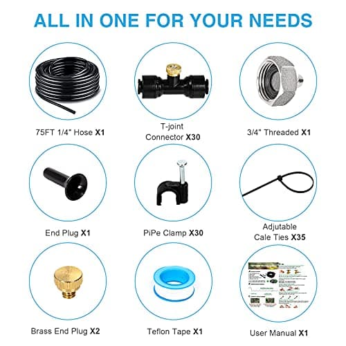 Bonviee Misters for Outside Patio, 75FT (23M) Patio Misting System, Outdoor Misters for Patio Cooling, 28 Brass Mist Nozzles, 3/4" Adapter, DIY Water Misters for Cooling Outdoor Garden Greenhouse