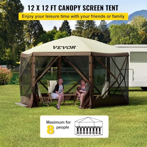 VEVOR Pop Up Gazebo Screen Tent 12 x 12 Ft, 6-Sided Camping Gazebo Instant Canopy Sun Shelter with 6 Removable Privacy Wind Cloths, Mosquito Netting, 300D Oxford Cloth for Patio, Backyard, Lawn