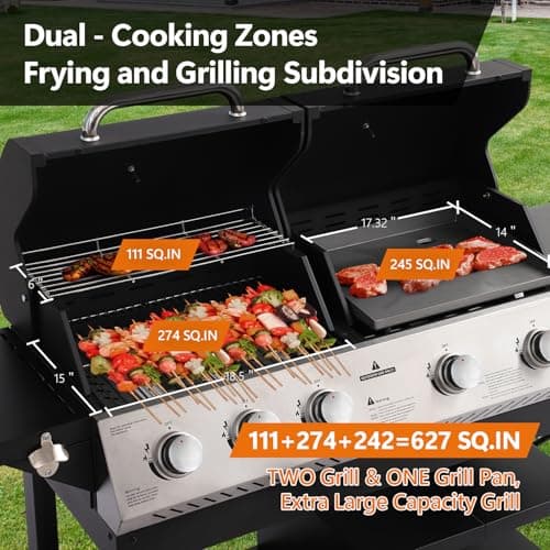 5-Burner Propane Gas Grill,griddle grill combo Double Grills with Storage space,54,000 BTU 627 SQ.IN.Output Stainless Steel Grill for Outdoor Cooking Kitchen, Garden and Patio Backyard Barbecue
