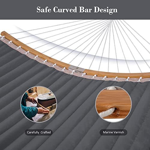 SUNCREAT Double Portable Hammock with Stand, 2 Person Hammock with Curved Spreader Bar, Balance Ropes Included, Dark Gray