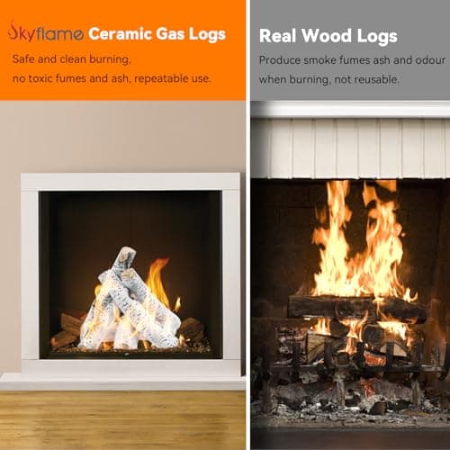 Skyflame 6 Piece Set of Gas Fireplace Logs, Large White Birch Ceramic Logs for All Types of Indoor/Outdoor Gas Inserts, Ventless, Fireplaces and Fire Pits