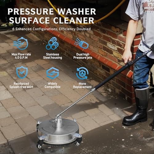 RAYNEL 14'' Pressure Washer Surface Cleaner with 4 Wheels, Stainless Steel Housing, 1/4" Quick Plug, 2 Extended Wands, 2 Replacement Nozzles
