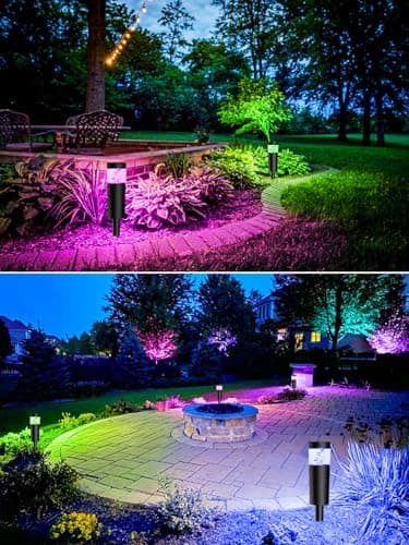 5W RGBW Low Voltage Landscape Pathway Lights with Connectors 12V Outdoor Color Changing Landscape Lighting LED Bollard Path Lights Wired Waterproof Walkway Light for Garden Yard (12 Pack)