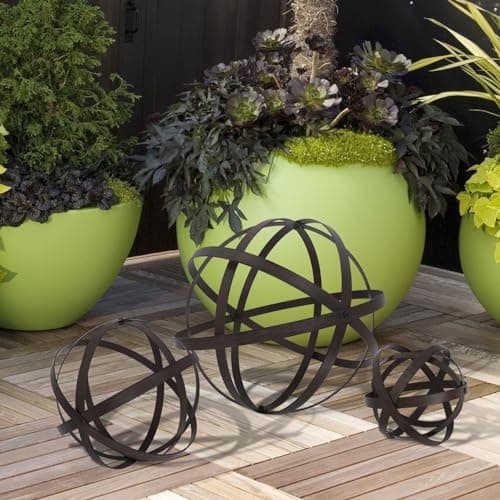 3 PCS Garden Spheres Balls Assorted Size Distressed Metal Band Decorative Sphere Folding Orbs Sculpture for Outdoor Indoor Decorations 7" 10" 12" Diameter (Rusty)