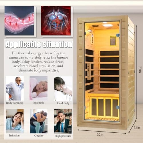 Infrared Home Sauna Room 1 Person Hemlock Wooden Indoor Dry Sauna，Low EMF 1200W/110V Heaters Panels,LCD Control Panel,10 Minutes Pre-Warm up,Time and Temp Pre-Set,1-Year Aftersale