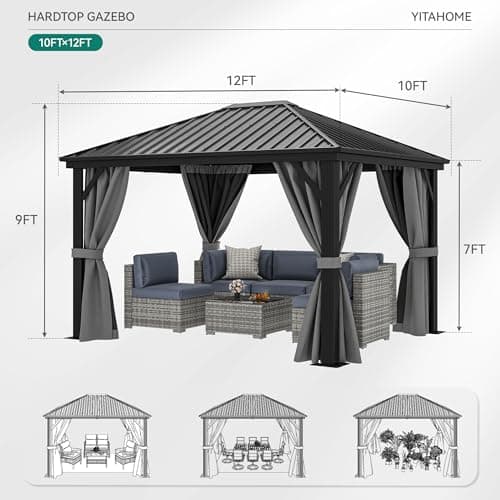 YITAHOME 10X12FT Hardtop Metal Gazebo Outdoor Patio Single Top Canopy Galvanized Iron Aluminum Column Garden Tent Curtains Netting for Backyards Decks Lawns,Gray