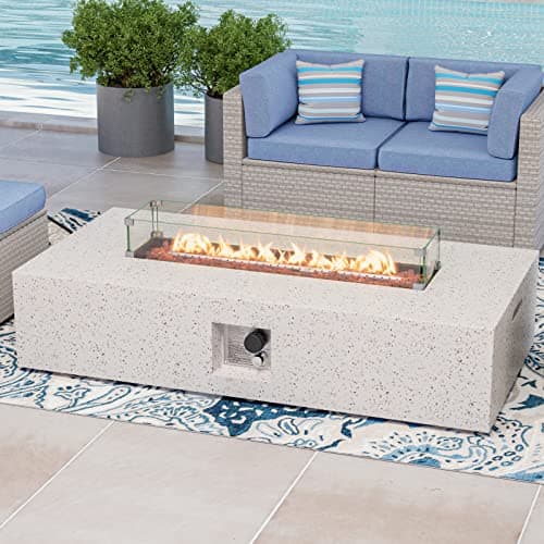 COSIEST Outdoor Propane Fire Pit Table 56" x 28" Rectangle Beige Compact Concrete-Like Finish, CSA Certified, 50,000 BTU,Wind Guard, Tank Outside, Free Lava Rocks, Fits 20lb Tank Outside, Raincover