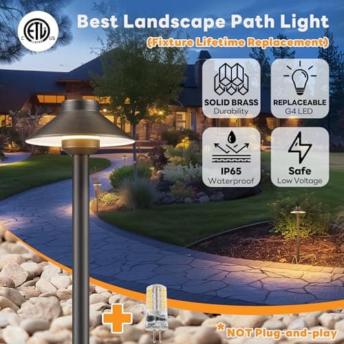 Brass Low Voltage Landscape Lighting - 12V LED Path Lights IP65 Waterproof, Hard-Wired Pathway Light Bronze for Outside Walkway Garden with 3W 2700K Warm White G4 Replaceable Bulb (6 Pack)