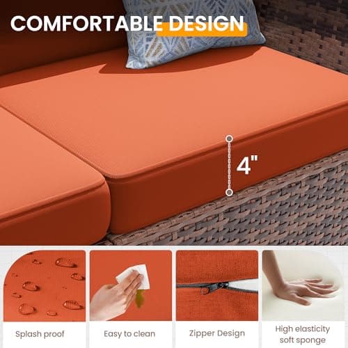 UDPATIO Patio Furniture Set With 44'' Fire Pit Table,Modular Outdoor Furniture Sets,Slanted Back Outdoor Sectional Conversation Set PE Rattan Sofa for Backyard W/Coffee Table,4'' Cushions,8 PCS,Orange