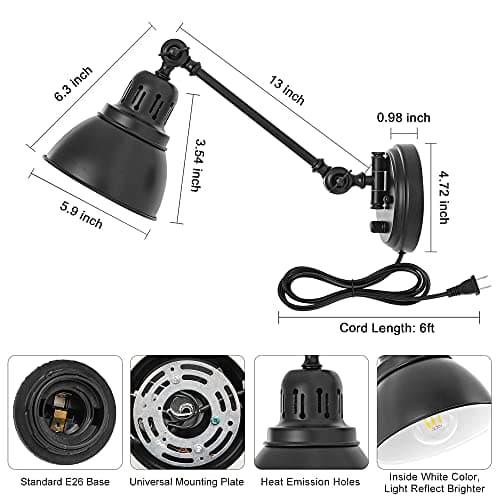 Plug in Wall Sconces, Wall Sconce Lighting with Dimmable On Off Switch, Swing Arm Wall Lamp, Black Metal Industrial Wall Light Fixtures, Safety E26 Base, 6FT Plug in Cord
