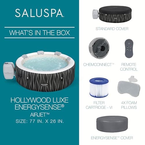 Bestway SaluSpa Hollywood EnergySense Luxe AirJet Round Inflatable 4 to 6 Adult Hot Tub with Heater, Filter, 2 Covers, and 140 AirJet System