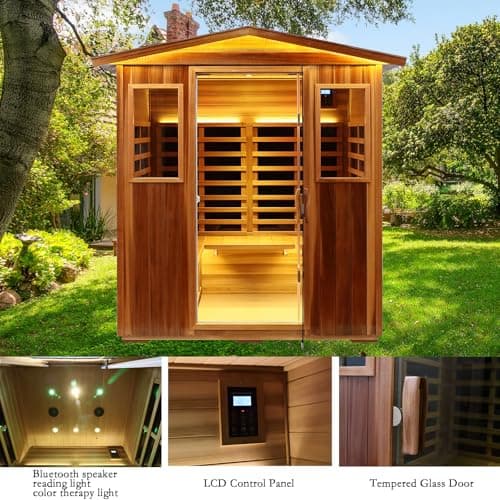 Red Cedar 4 Person Outdoor Ultra-Low EMF（0.5mg） Infrared Sauna, Multi-Person Home Sauna spa, 2160w,12 Heating Panels, LCD Control Panel, Bluetooth Speaker, Chromotherapy Lights, Reading lamp