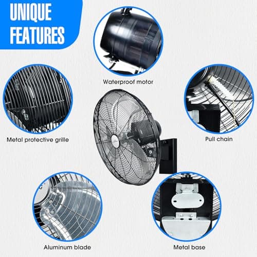 iLiving 20" Outdoor Oscillating High Velocity Wall Fan with 4750 CFM Heavy Duty Weatherproof Motor, Variable Speed Adjustment for Workshop, Garage, Patios, Commercial and industrial, 20 inch,Black