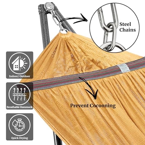 Tranquillo Double Hammock with Stand Included for 2 Persons/Foldable Hammock Stand 600 lbs Capacity Portable Case - Inhouse, Outdoor, Camping, Yellow
