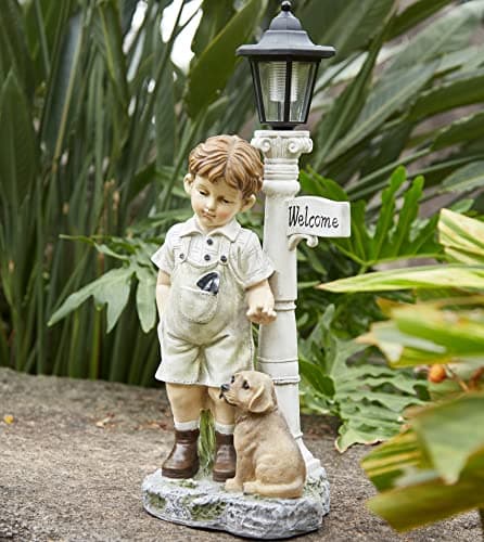 Solar Boy Statue Welcome Sign Garden Statues for Garden Decor, Porch, Lawn, Yard Art Decorations, Resin 23.2H inch