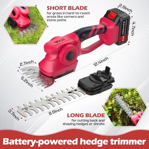 Hedge Trimmer Cordless, 2 in 1 Cordless Hedge Trimmer with 2600mAh Battery*2, High Power and Large Capacity Hedge Shears for Gardens, Patios and Lawns Charger Included