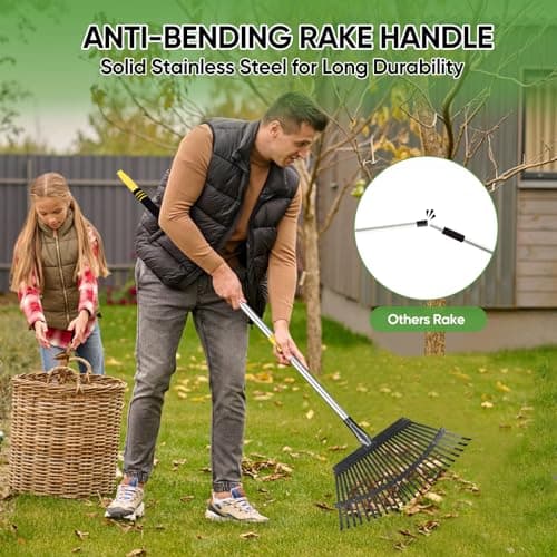 Rake Heavy Duty 6FT Long Garden Rake , 18.5 Inch Wide, 25 Metal Tines, Adjustable Stainless Steel Handle, Leaf Rakes for Leaves, Yards, Grass, Garbage, Weeds, Debris (Yellow)