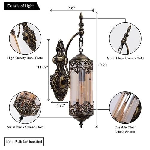 Rustic Wall Sconce with Amber Glass Mini Vintage Antique Gothic Wall Light Fixture Retro Farmhouse Mid Centry Lantern Wall Sconce for Bedroom, Hallway, Mirror, Bursh Gold, E12