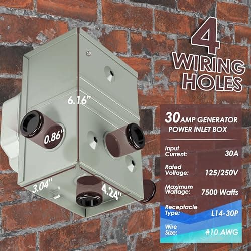 CircleCord 4 Prong 6.6 Feet 30 Amp Generator Extension Cord and Inlet Box with Locking Connector, Heavy Duty NEMA L14-30P/L14-30R, 125/250V 7500W 10 Gauge SJTW Generator to House Power Cord (6.6 Feet)