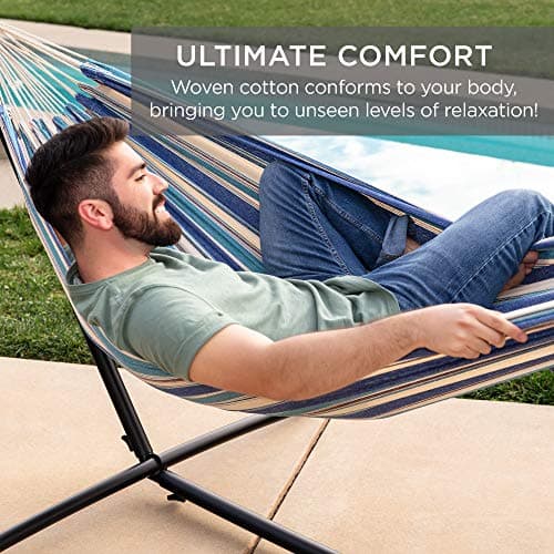 Best Choice Products Double Hammock with Steel Stand, Indoor Outdoor Brazilian-Style Cotton Bed w/Carrying Bag, 2-Person Capacity - Ocean