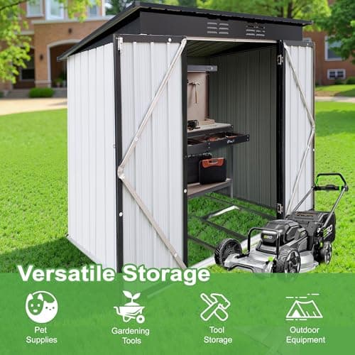 6×4Ft Outdoor Storage Shed Metal Storage Shed with Flat Roof, Weatherproof Heavy Duty Tool Shed for Backyard & Garden Equipment, Black-White