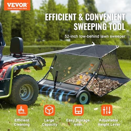 VEVOR 52 Inch Lawn Sweeper Tow Behind, 26 cu.ft. Large Pull Behind Grass Sweeper, Heavy Duty Leaf & Grass Collector with Dumping Rope Design, Adjustable Sweeping Height for Picking Up Debris & Grass
