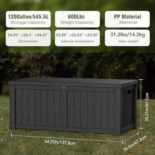 120 Gallon Lockable Resin Deck Box, Waterproof & UV-Resistant Outdoor Storage Box for Outdoor Cushion Storage and Delivery Storage Box, Black