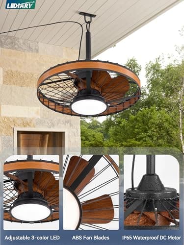 LEDIARY Outdoor Ceiling Fans with Lights, IP65 Waterproof Gazebo Fan with Hanging Hook,6 Speeds, 3CCT, 20 Inch Wet Rated Plug in Ceiling Fan for Patios,Porch, Pergola,Canopy
