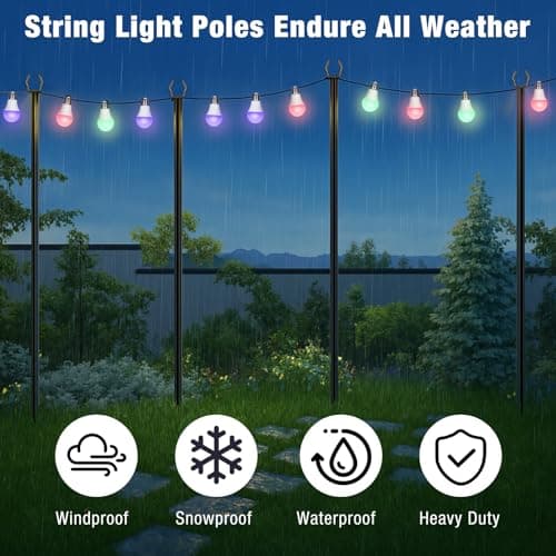 String Light Poles 4 Pack,10FT Metal String Light Poles for Outside, Adjustable Outdoor Poles for Patio, Deck, Garden, Wedding, Backyard, Christmas Party Decor, Sturdy with Hooks(Bulb Not Included)