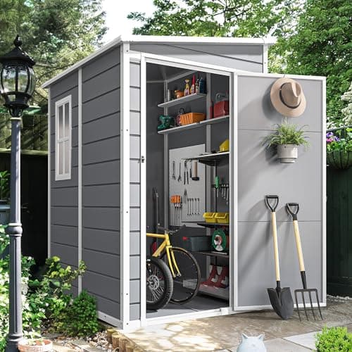 DWVO 5x4 FT Outdoor Storage Shed with Reinforced Floor, All-Weather Resin Storage Shed with Lockable Door & Window, Waterproof Plastic Tool Storage for Garden, Backyard, Patio, Lawn