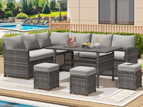 U-MAX 7 Pieces Patio Furniture Set with 43 Inch Fire Pit Table, Outdoor Sectional Sofa Conversation Set, All Weather Wicker Rattan Dining Table & Chair with Ottoman, Grey Rattan&Grey Cushion