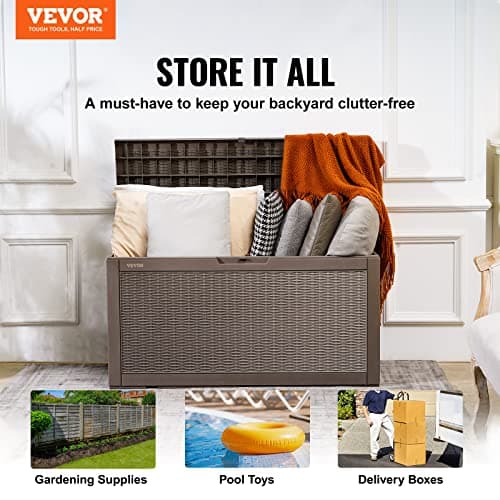 VEVOR Deck Box, 100 Gallon Outdoor Storage Box, 48.0" x 21.5" x 24.5", Waterproof PP Deckbox with Aluminum Alloy Padlock, for Patio Furniture, Garden Tools, Outdoor Cushions, Gray