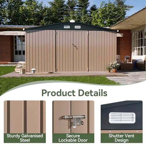 Aoxun 12x10 FT Shed Metal Outdoor Waterproof Storage Shed Steel Utility Garden Tool Shed with Door & Lock Outdoor Storage for Garden Patio Lawn Poolside, Brown