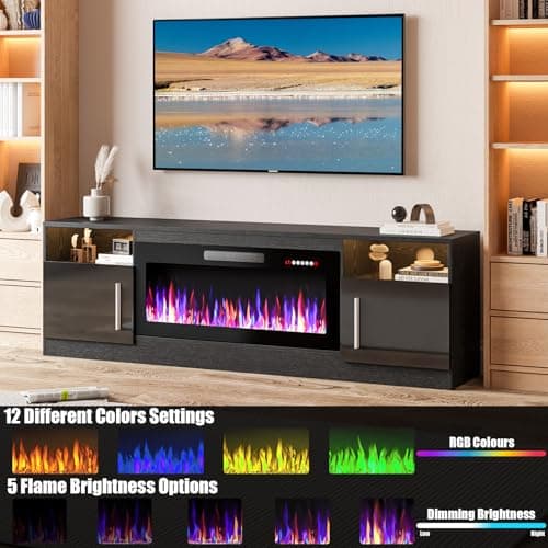 VITESSE Fireplace with TV Stand 36" inch Electric Fireplace Up to 80" TVs, LED Light Entertainment Center, 70" Modern Wood High Gloss with Highlight Storage Cabinet for Living Room (Black)