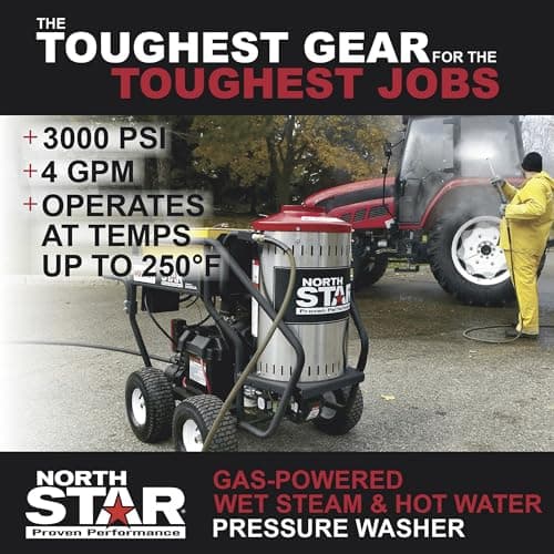 North Star Hot Water & Wet Steam Pressure Washer with Power Nozzles, Lance, Washing Gun, and Hose - Gas Powered, 3000 PSI, 4 GPM, Electric Start Honda Engine