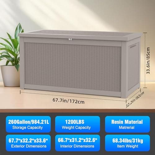 260 Gallon Deck Box XXL Large Outdoor Storage for Patio Furniture,Outdoor Cushions,Garden Tools and Pool Supplies,Waterproof,Resin,Lockable(Grey Rattan)