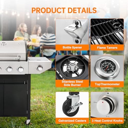 4 Burner Propane Gas Grill with Side Burner, Stainless Steel BBQ Grill 48,500 BTU for Outdoor Cooking Kitchen, Garden and Patio Backyard Barbecue, Black and Silver