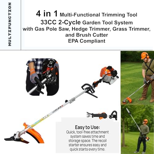 33cc 2-Cycle Gas Multi-Trimmer | 4-in-1 String Trimmer w/Rotatable Pole Saw, Weed Eater Weed Wacker, Brush Cutter & Hedge Trimmer Gas for Lawn, Yard, Garden Care, All-in-one Garden Tool