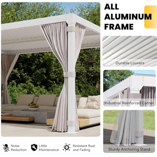 Louvered Pergola 10x12ft, Adjustable Aluminum Pergola with Waterproof Curtains and Nets, Sun & Rain Shade for Patio, Modern DIY Outdoor Living Upgrade, White