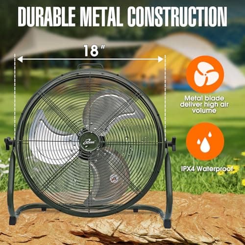 iLiving 18" Rechargeable Battery Operated Camping Floor Fan, High Velocity Portable Outdoor Fan with Metal Blade, With Built-in Lithium Battery for Whole Day Usage, 18 Inches, Military Green