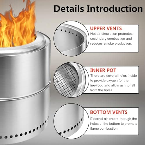 Edostory Smokeless Fire Pit, 20 Inch Portable Outdoor Wood Burning Firepit with Removable Ash Pan - Perfect for Camping and Backyard Gatherings, Ideal for 4-6 People, 304 Stainless Steel