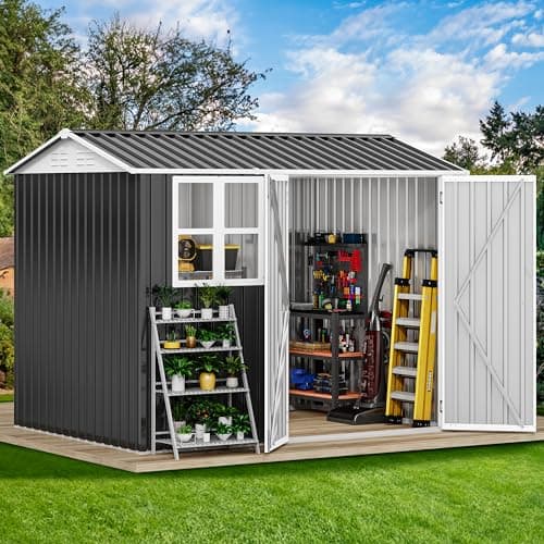 DWVO 8x6ft Metal Outdoor Storage Shed with Window, Lockable Tool Storage Sheds, Oversized Steel Garden Sheds with Sloped Roof for Backyard, Patio, Garage, Lawn, Dark Gray