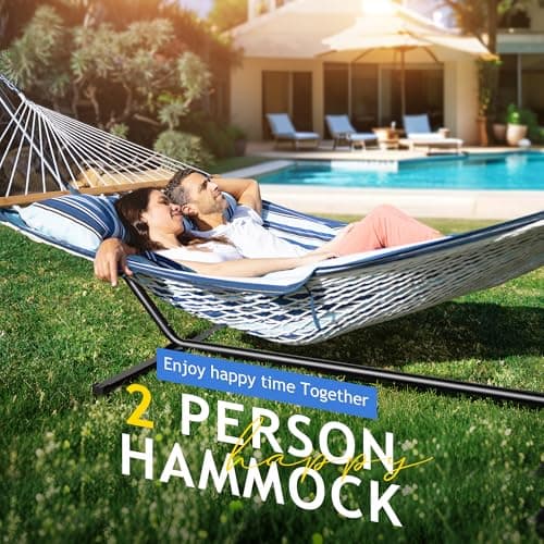 Double Hammock with Stand, 2 Person Cotton Rope Hammock with Removable Polyester Pad, 500LBS Capacity, Portable & Adjustable Design, Includes Storage Bag, Indoor Outdoor Use,Blue