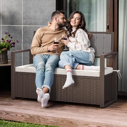 YITAHOME 70 Gallon All-Weather PE Rattan Storage Bench, Waterproof Deck Box Seat for Patio Furniture, Outdoor Cushions, Pool & Garden Tools, Brown