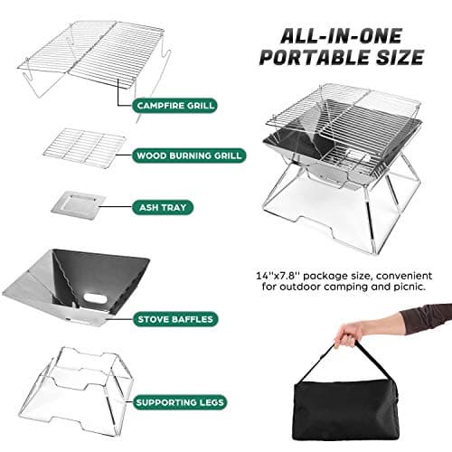 Odoland Folding Campfire Grill, 304 Stainless Steel Grate Barbeque Grill, Portable Camping Grill with Legs for Picnics, Backpacking, Outdoor with Carrying Bag and Kitchen Tongs