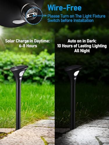 LEONLITE LED Solar Powered Motion Sensor Pathway Lights, Battery Powered Outdoor Solar Landscape Lights, Walkway Light for Yard Garden Lawn, All Night Long Lighting 6500K Pure White, Pack of 4