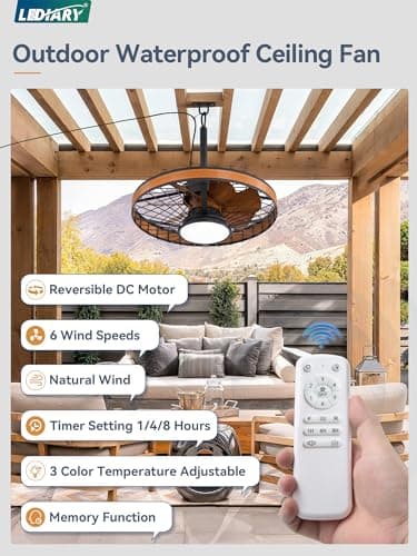 LEDIARY Outdoor Ceiling Fans with Lights, IP65 Waterproof Gazebo Fan with Hanging Hook,6 Speeds, 3CCT, 20 Inch Wet Rated Plug in Ceiling Fan for Patios,Porch, Pergola,Canopy