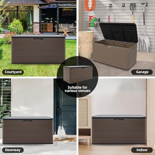 100 Gallon Elegant Pro Edition Lockable Resin Deck Box, Waterproof & UV-Resistant Outdoor Storage Box for Outdoor Cushion Storage, Tools Storage and Outdoor Delivery, Coffee