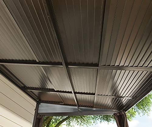 Sojag 10' x 12' Francfort Wall-Mounted Hardtop Gazebo Outdoor Weather-Resistant Aluminum Frame Sun Shelter Black,Brown