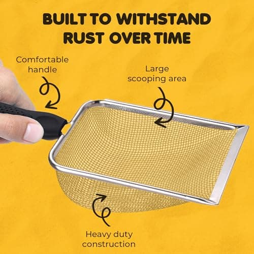 SunGrow Cat, Reptile Sand Scoop, Stainless Steel Fine Mesh Net for Lizard, Gecko, Snake Habitat, Substrate and Gravel Sifter, Black Non-Slip Handle Sifter, 11” x 4” x 2”, 1 Pc